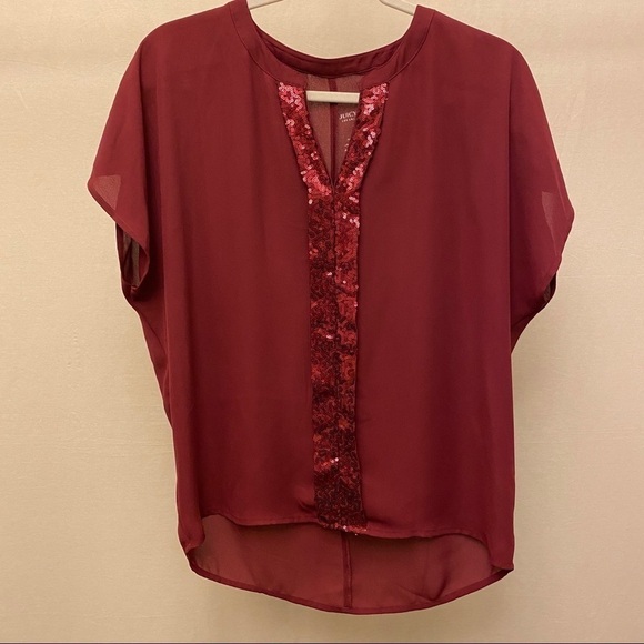 Juicy Couture Sz XS  Burgundy / Maroon Sequins V Neck Top, Flowy, Semi-Sheer - Picture 2 of 5